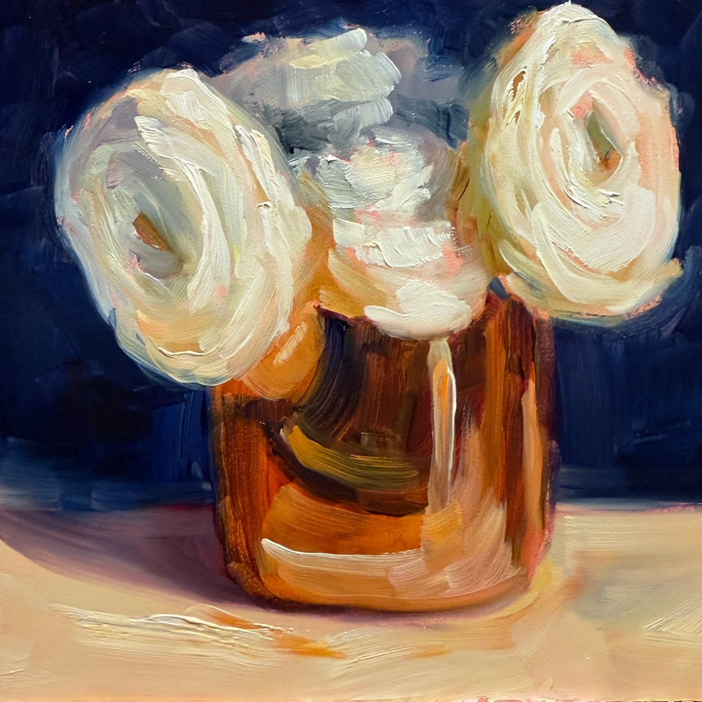 White Ranunculus in Copper Vase Oil Painting, 5x5 inches, Unframed