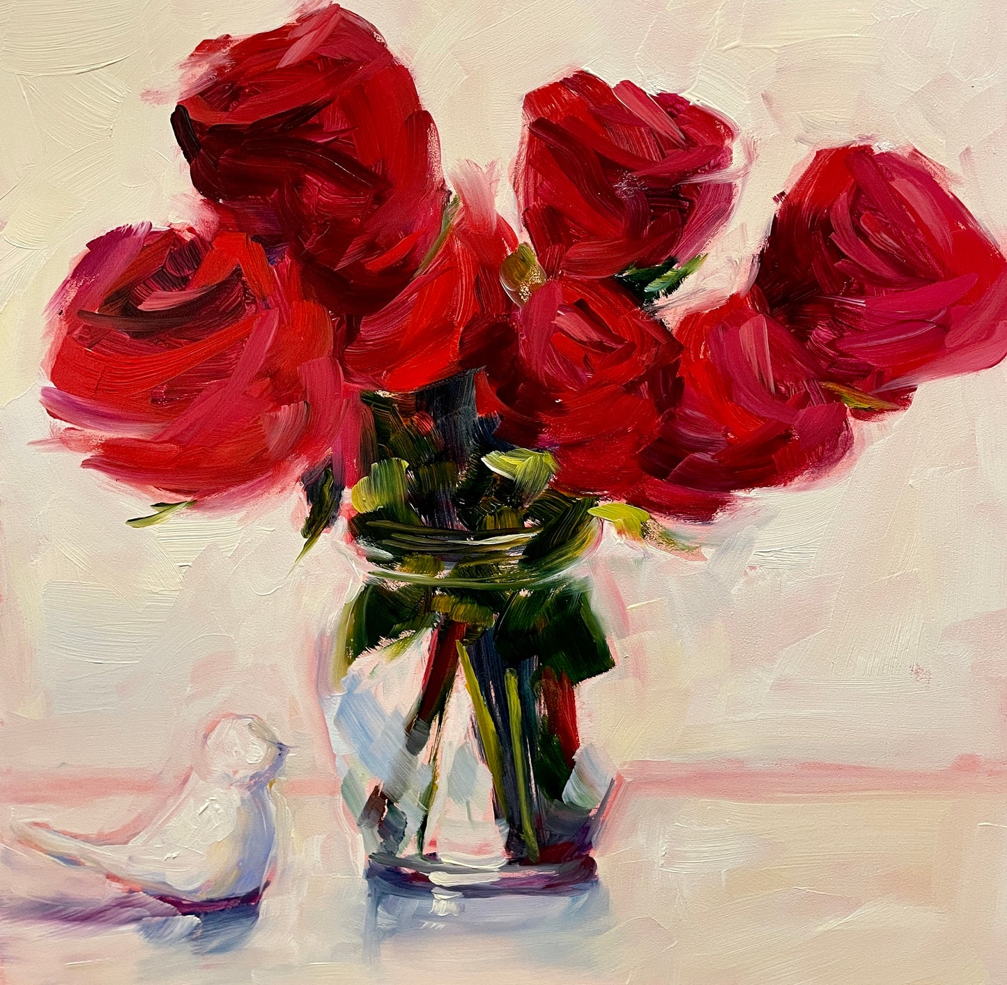 Red Roses and Porcelain White Bird, Original Oil Painting, 10x10 Square, Unframed