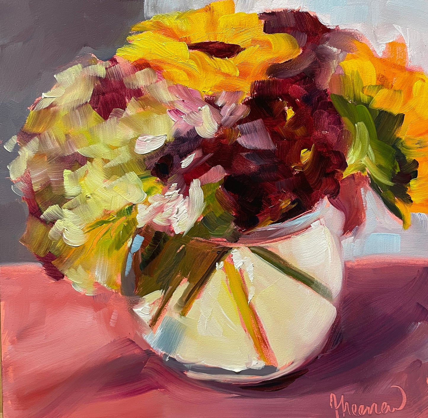 Sunflower Green Hydrangeas and Maroon Floral Original Oil Painting 8X8, Unframed