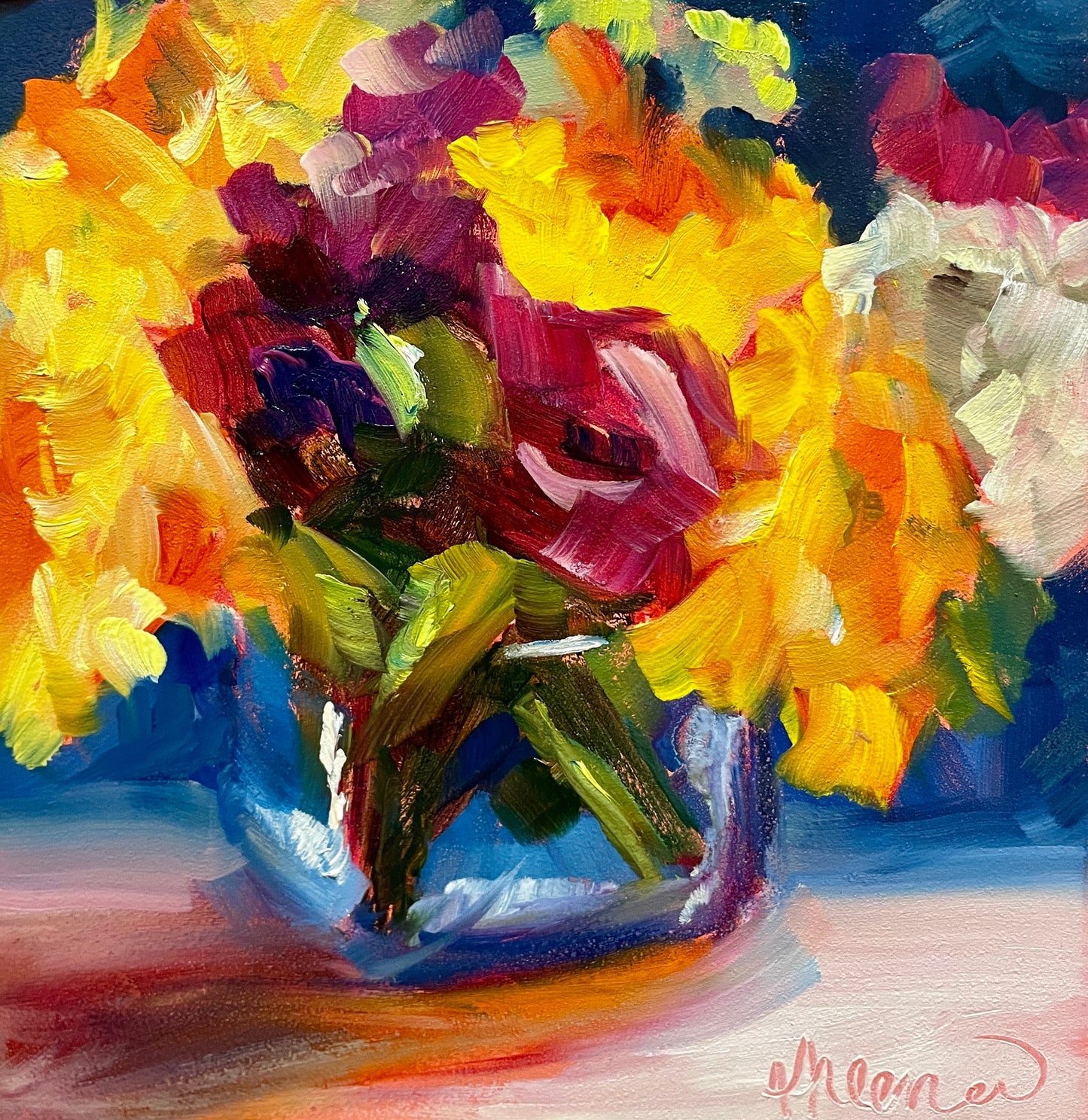 Sunflower and Maroon Flowers, 6'x6' Original Floral Oil Painting, Unframed