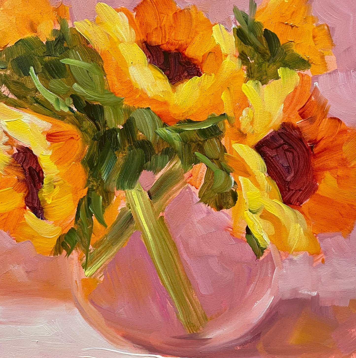 Sunflowers and Pink in Glass Bowl, 6x6 Original Oil Painting, Unframed