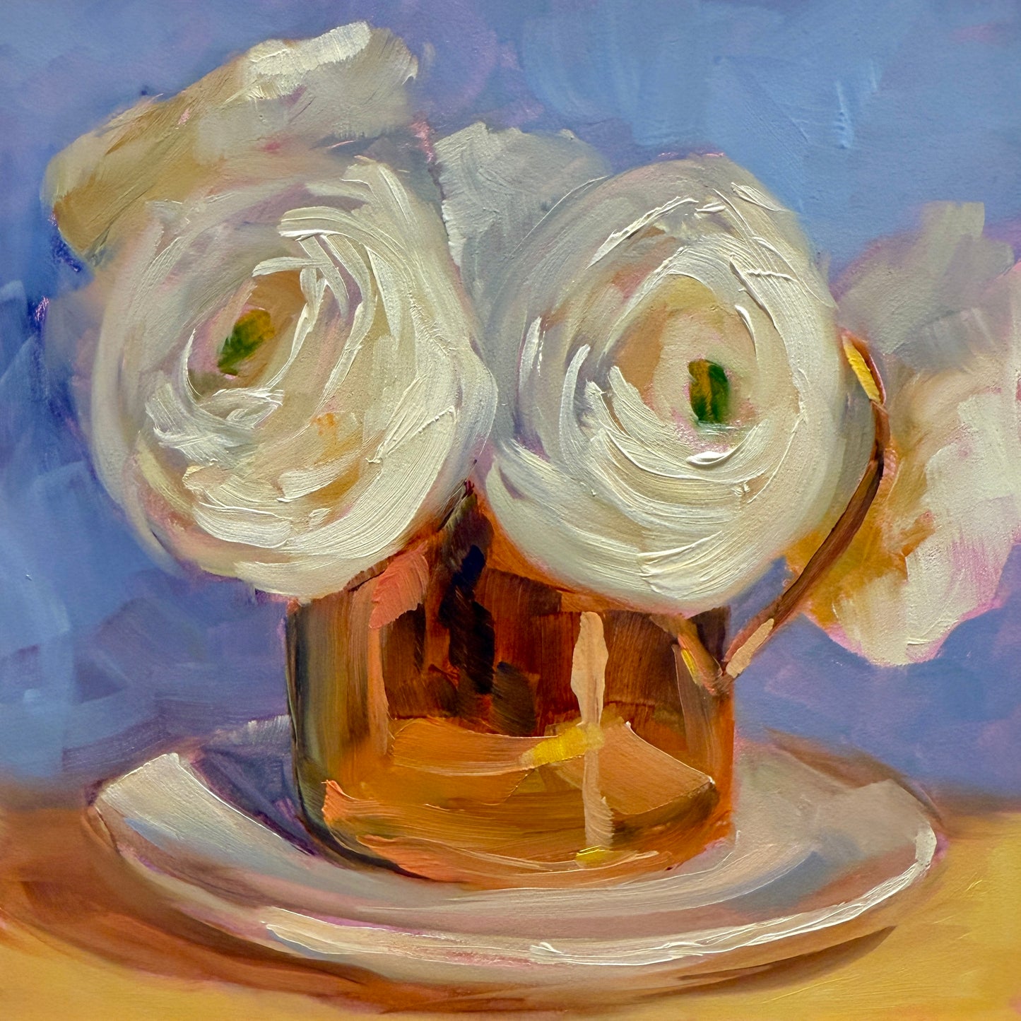 White Ranunculus in Copper Cup Floral Oil Painting, 6x6 inches, Unframed