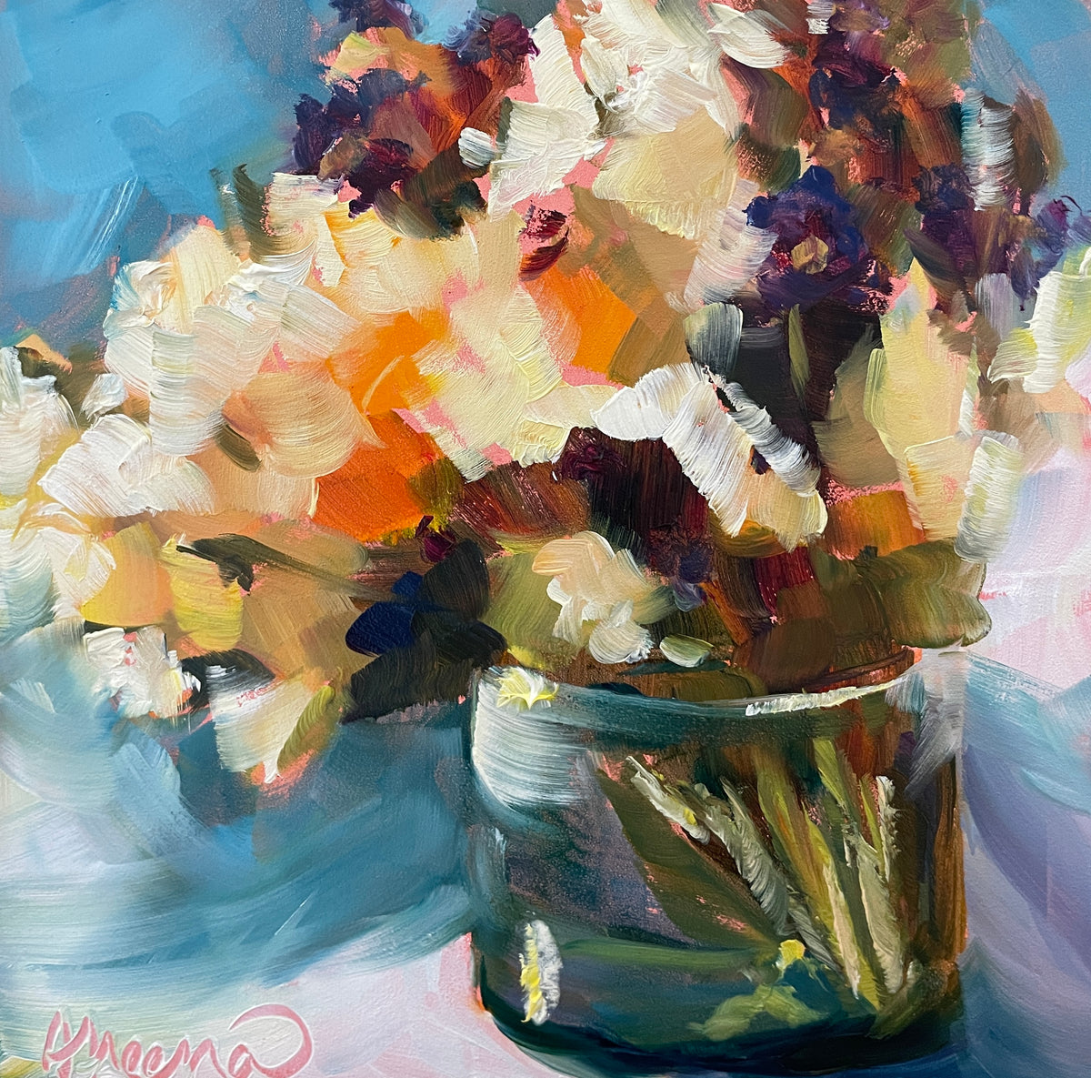White and Yellow Floral Original Oil Painting, 6X6 Square