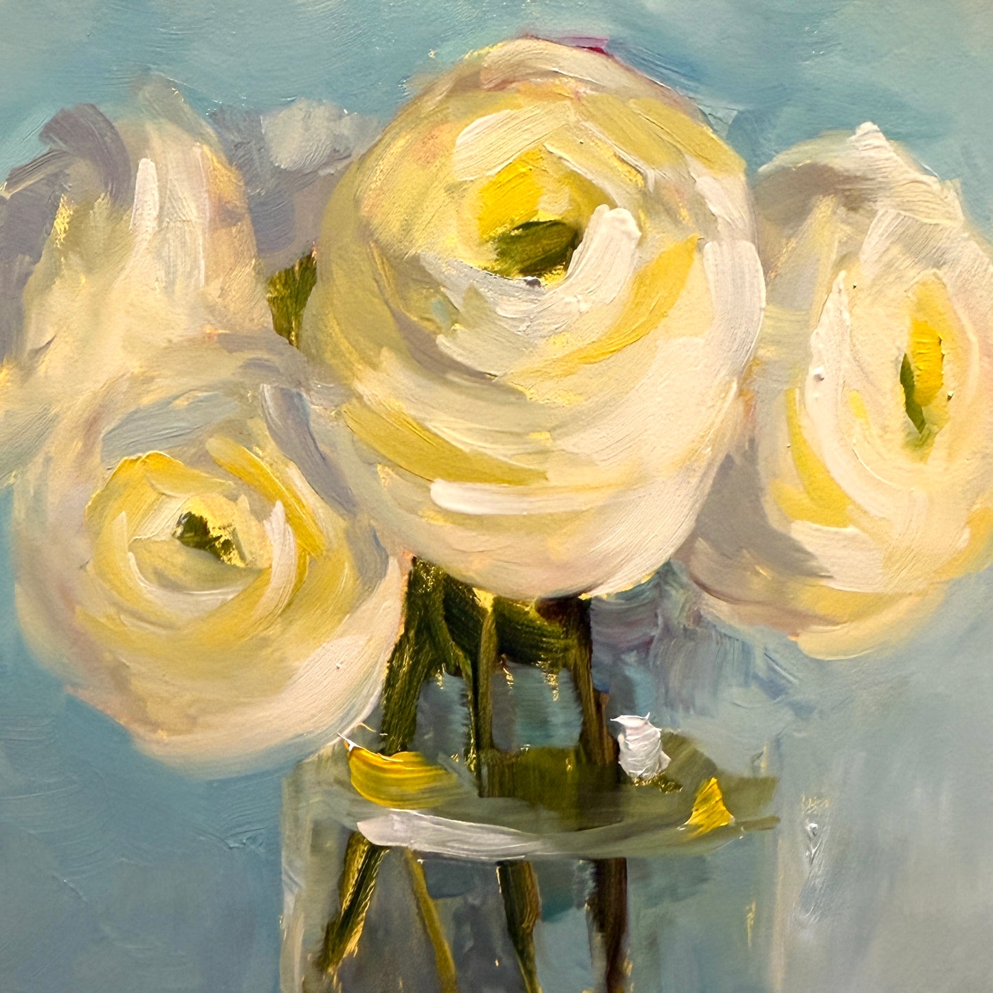 White Ranunculus in Glass Jar Floral Oil Painting, 5x5 inches, Unframed