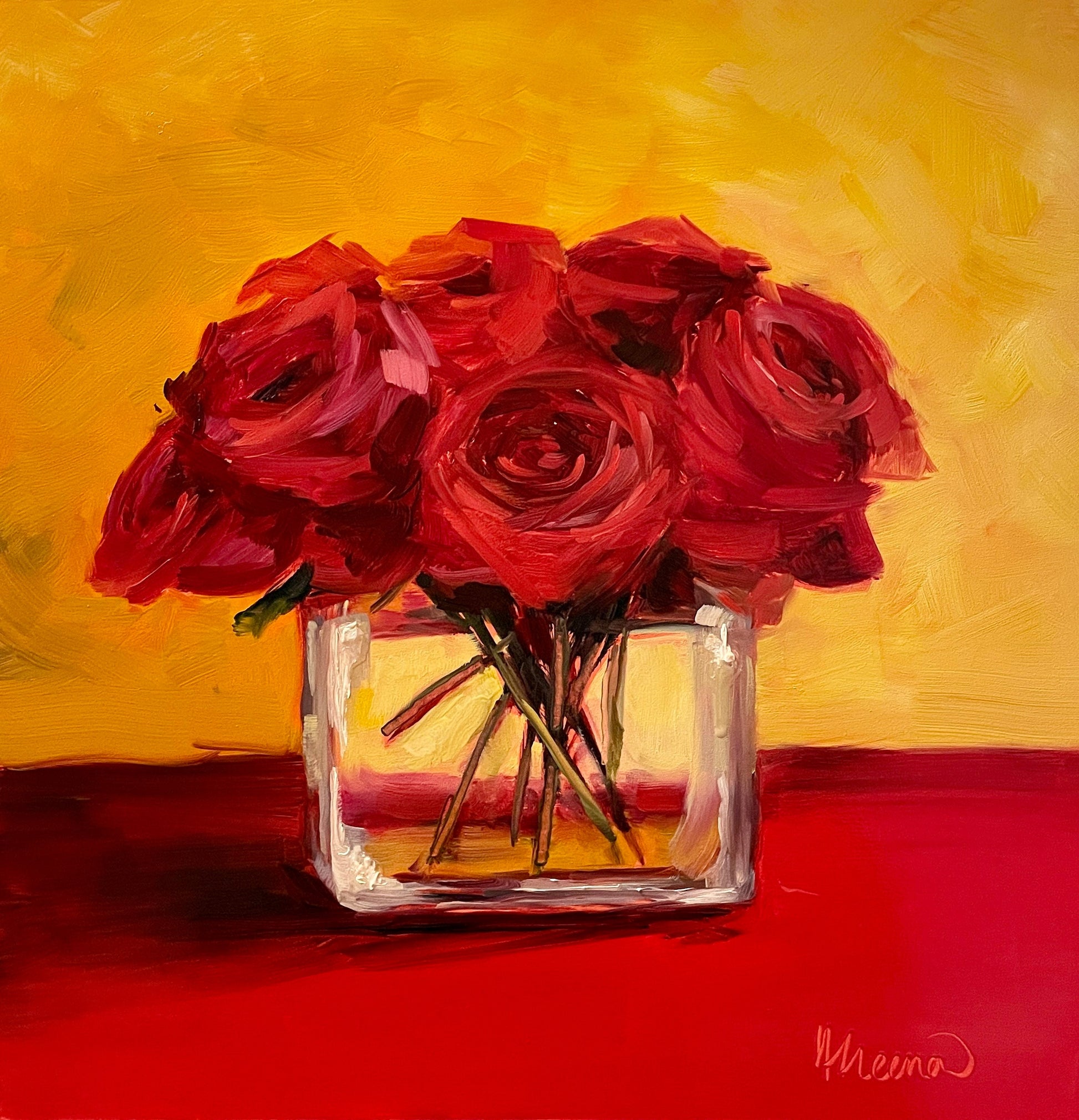 Red Roses in Glass Vase