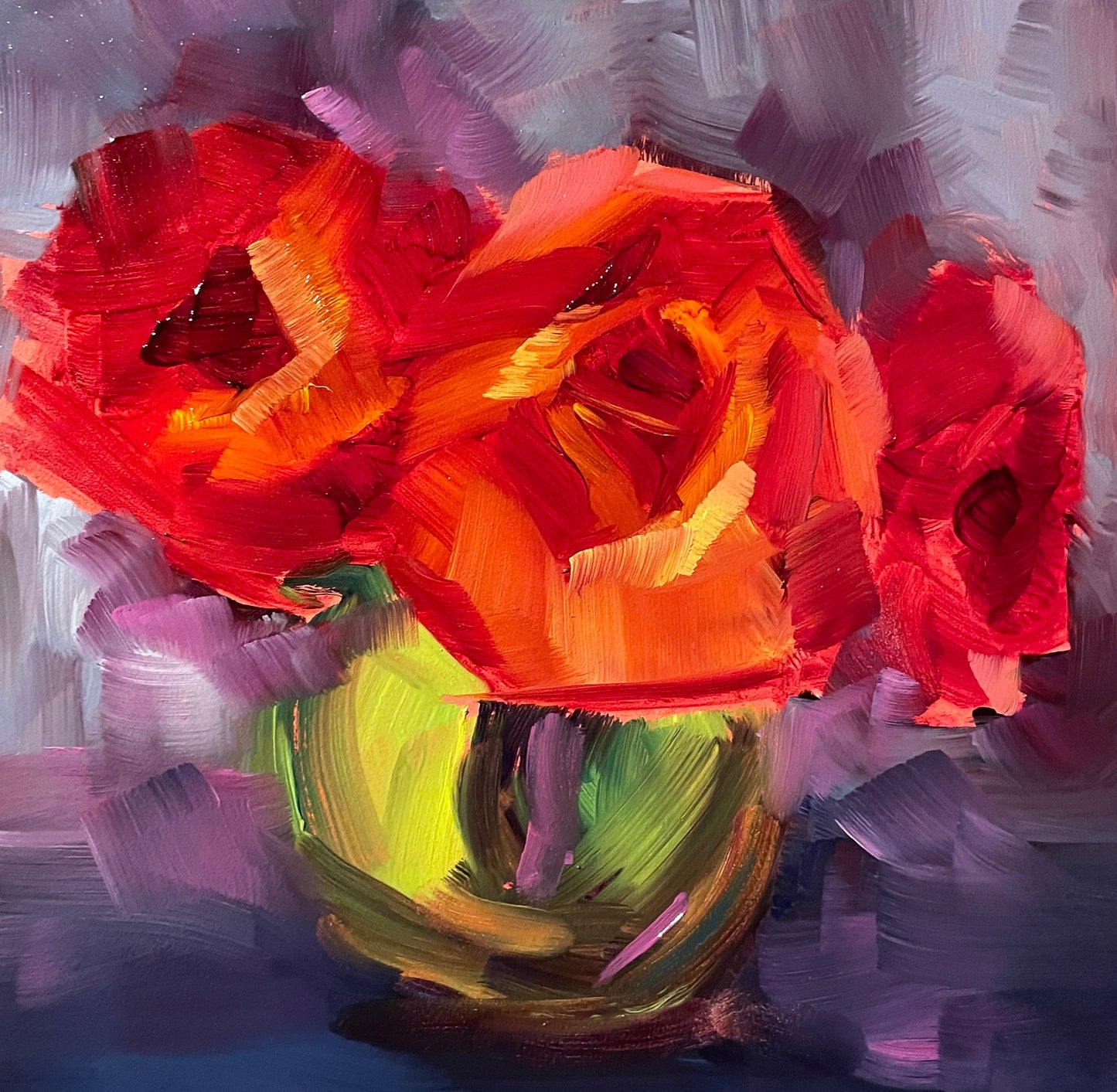 Red Roses in Green Vase