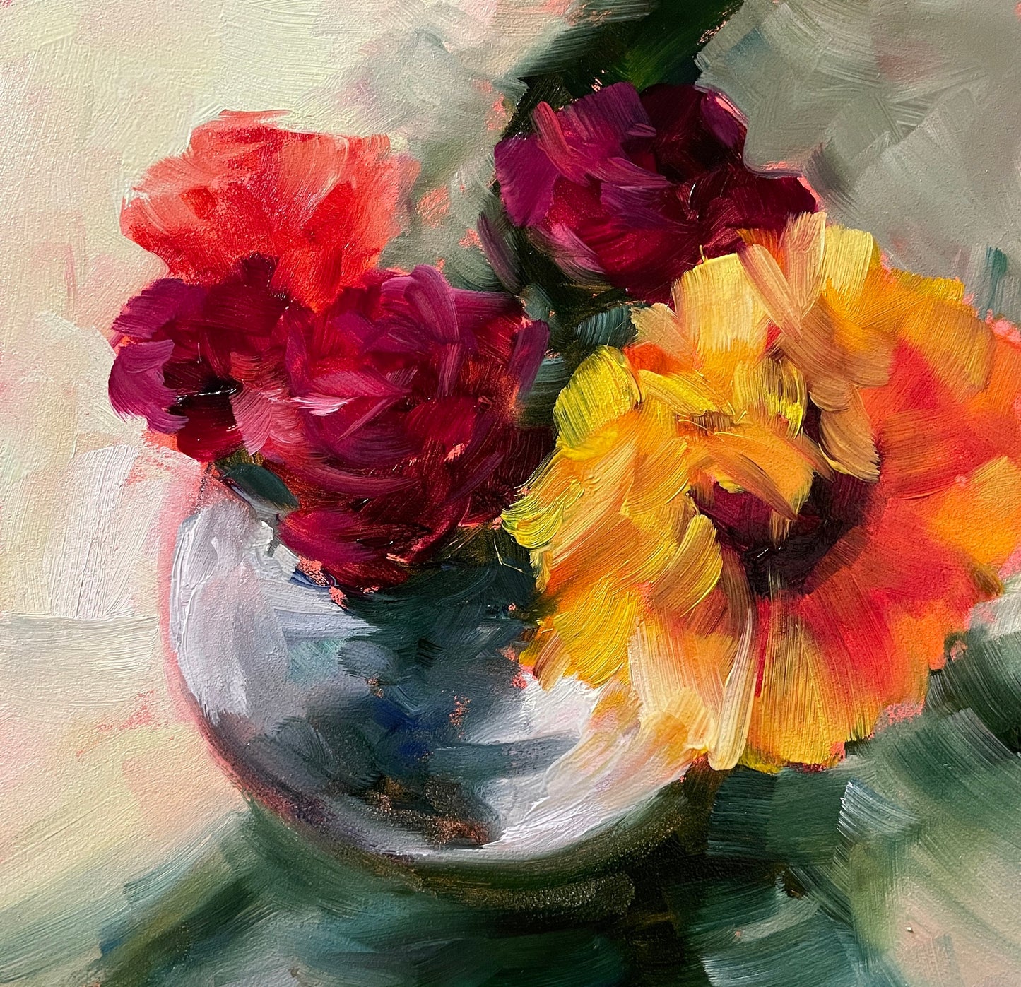 Sunflower and Maroon Carnations 6x6 Original Oil Painting
