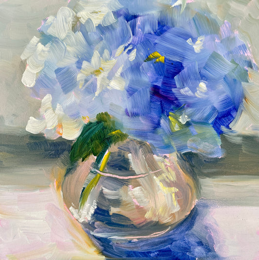 Blue Hydrangeas in Glass Vase, 6x6 Original Oil Painting, Unframed