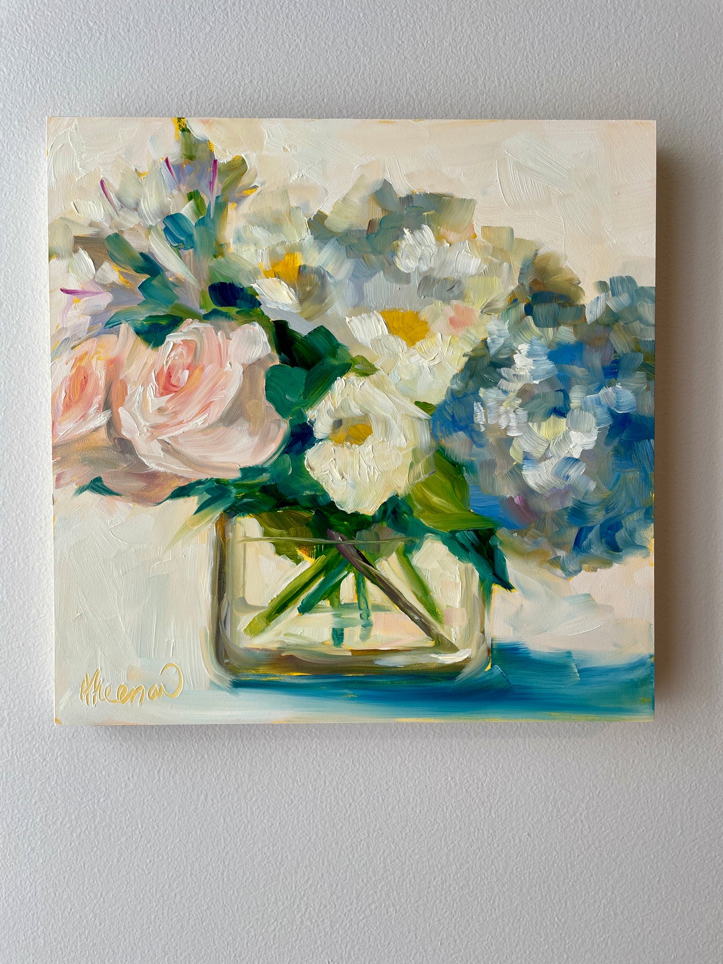Pink Roses White Flowers and Blue Hydrangea, 10x10 Square, Original Oil Painting