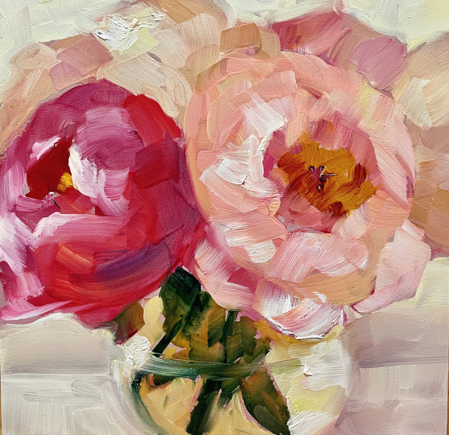 Pink Peonies Bouquet Original Oil Painting, 6X6 Square, Unframed