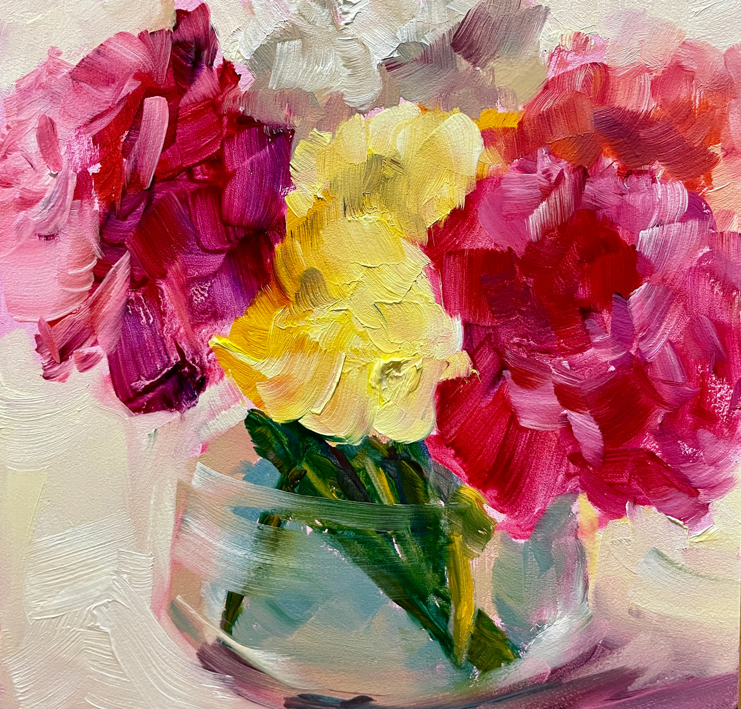 Pink and Yellow Carnations, Original Oil Painting, 5X5 Square, Unframed