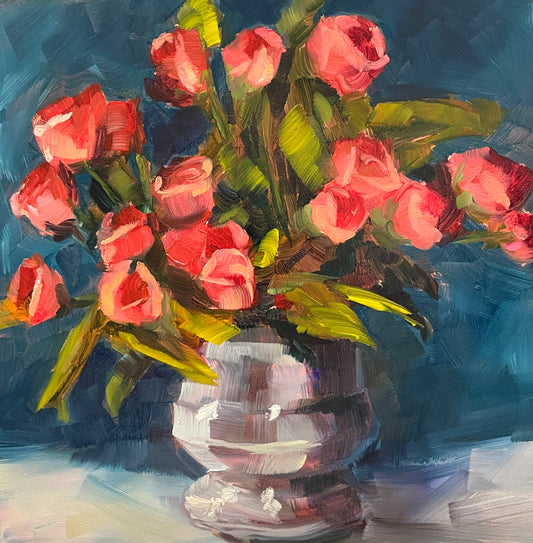 Red Roses Floral Arrangement, Original Oil Painting, 8X8 Square, Unframed
