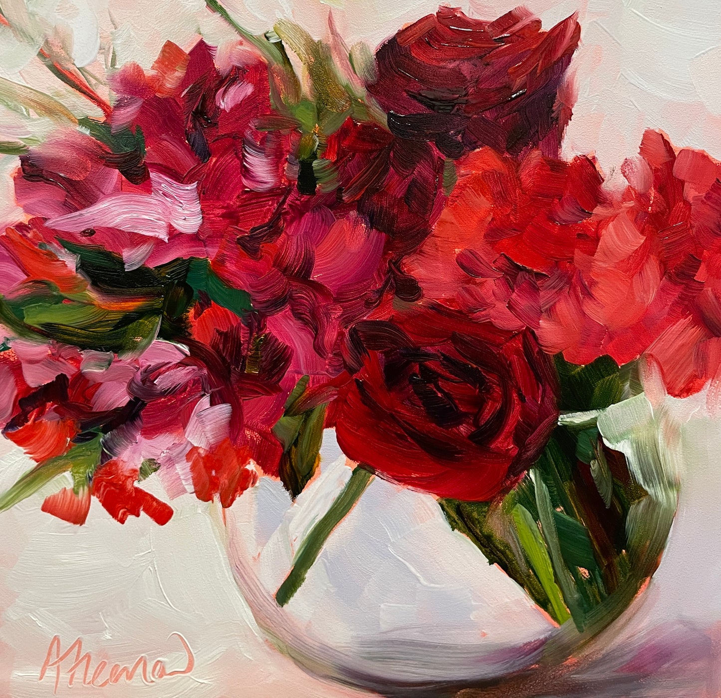 Red Roses and Pink Carnations, Original Oil Painting, 8X8 Square, Unframed