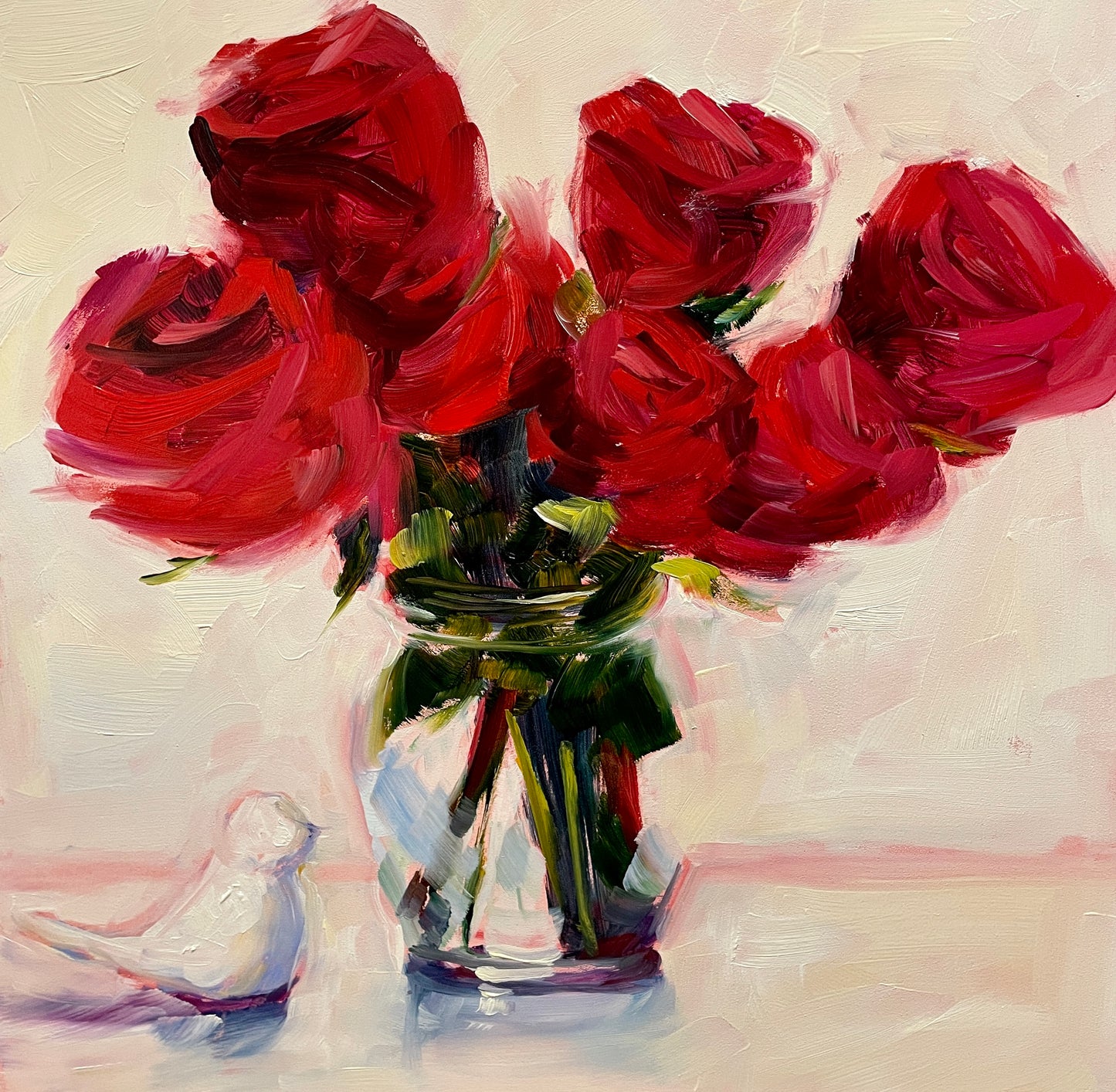 Red Roses and Porcelain White Bird, Original Oil Painting, 10x10  Square, Unframed