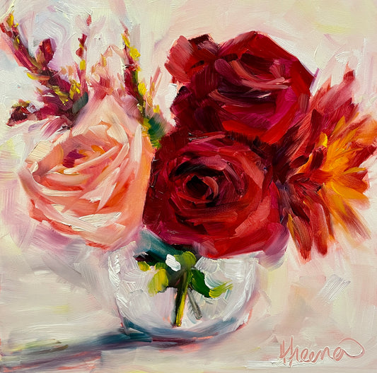 Red and Pink Roses in Glass Bowl Vase Original Oil Painting, 8X8 Square, Unframed