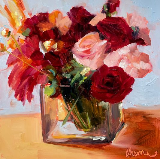 Red and Pink Roses, 8X8 Square, Original Oil Painting, Unframed