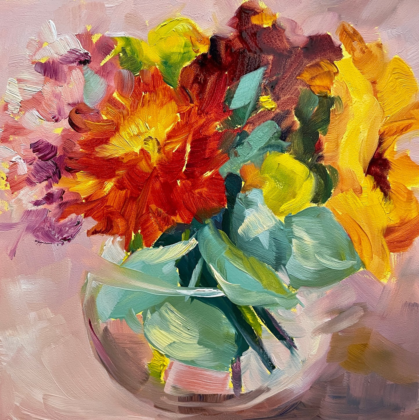 Sunflower, Orange Mum and Pink Hydrangea Original Oil Painting, 6X6 Square, Unframed