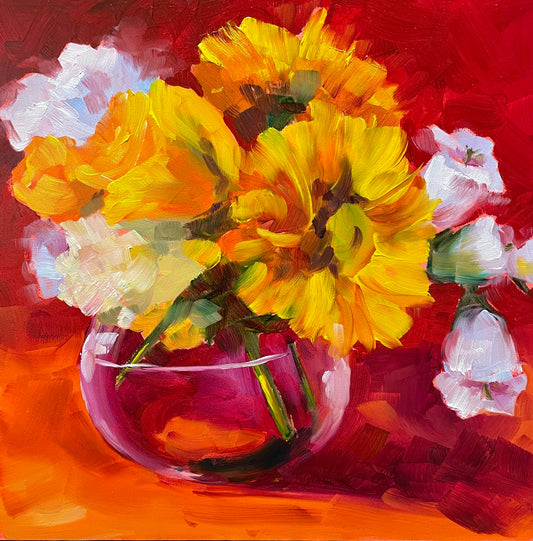Sunflowers, White Flowers and Orange Magenta Original Oil Painting, 8X8 Square, Unframed