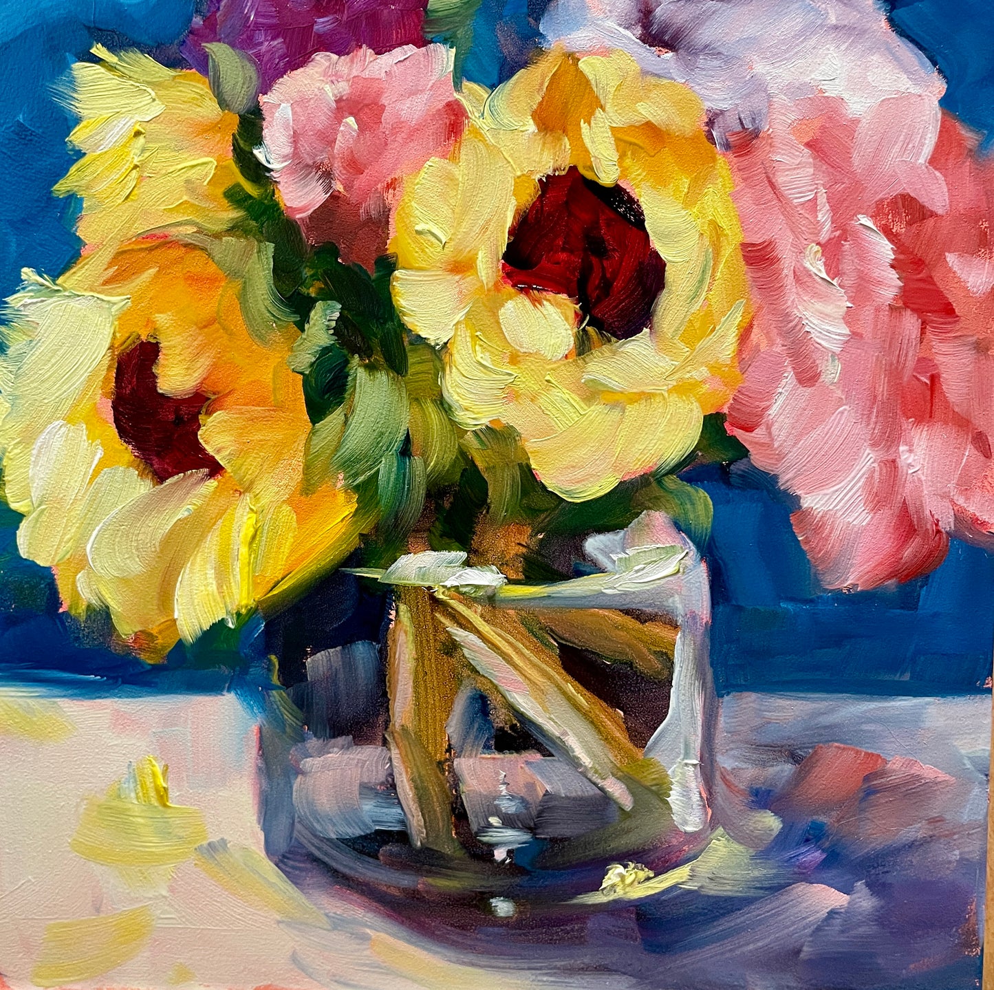 Sunflowers, Pink Carnations in Glass Vase Original Oil Painting, 6X6 Square, Unframed