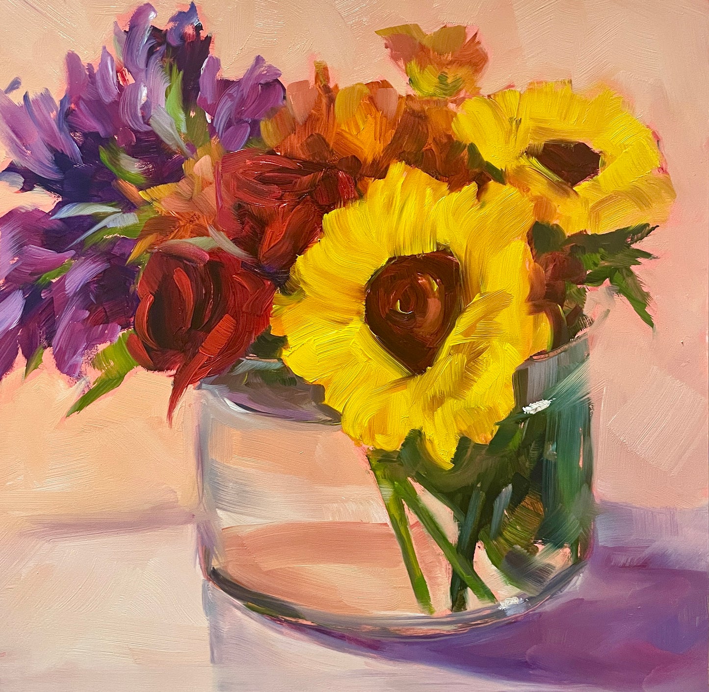 Sunflower and Orange Mum Purple Flower Original Oil Painting, 10X10 Square, Unframed