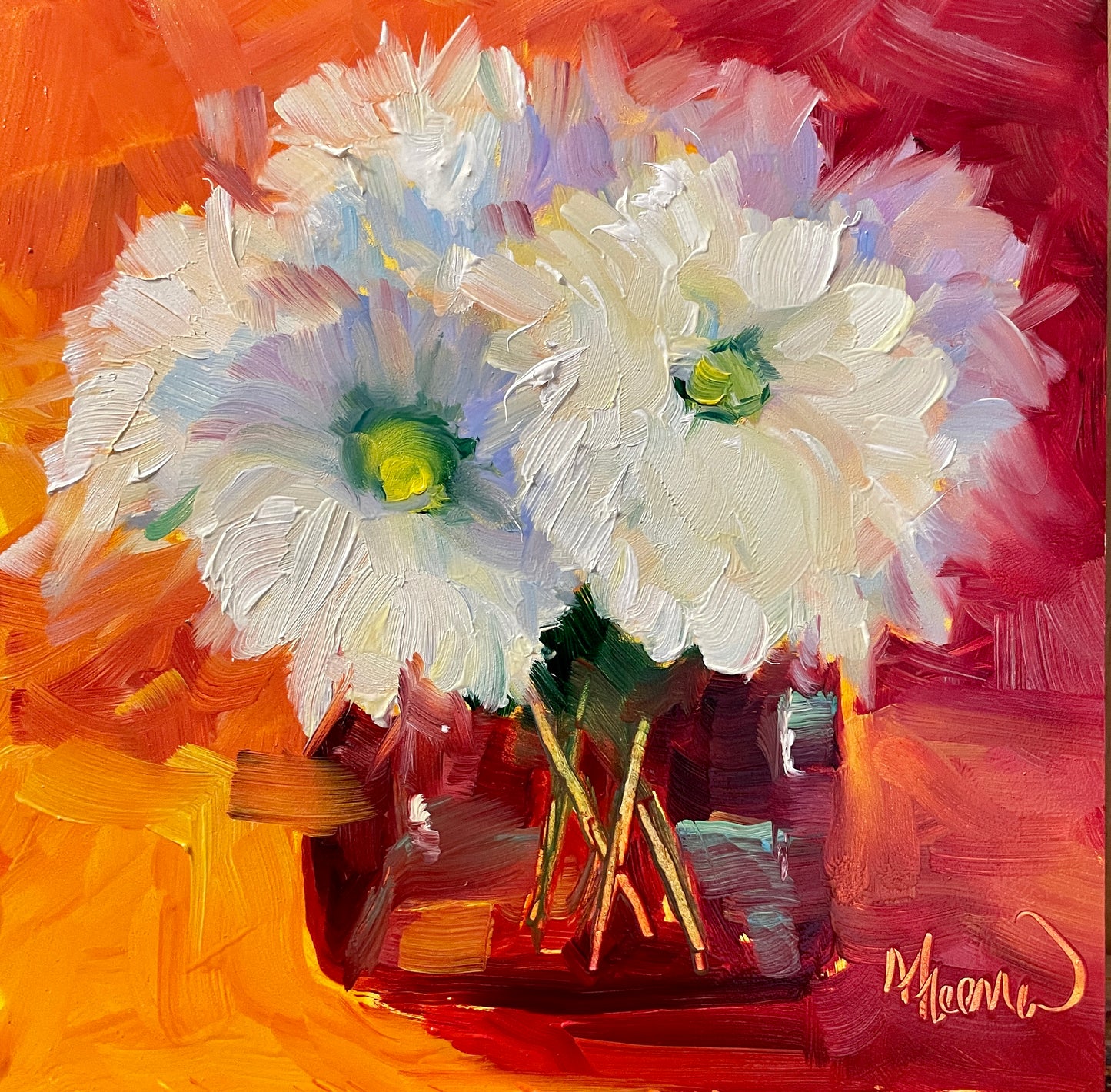 White Daisies Floral Original Oil Painting, 6x6 inches, Square Unframed