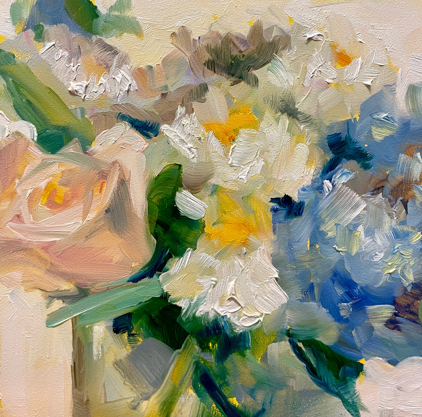 White Flowers and Blue Hydrangea, 5X5 Square, Original Oil Painting