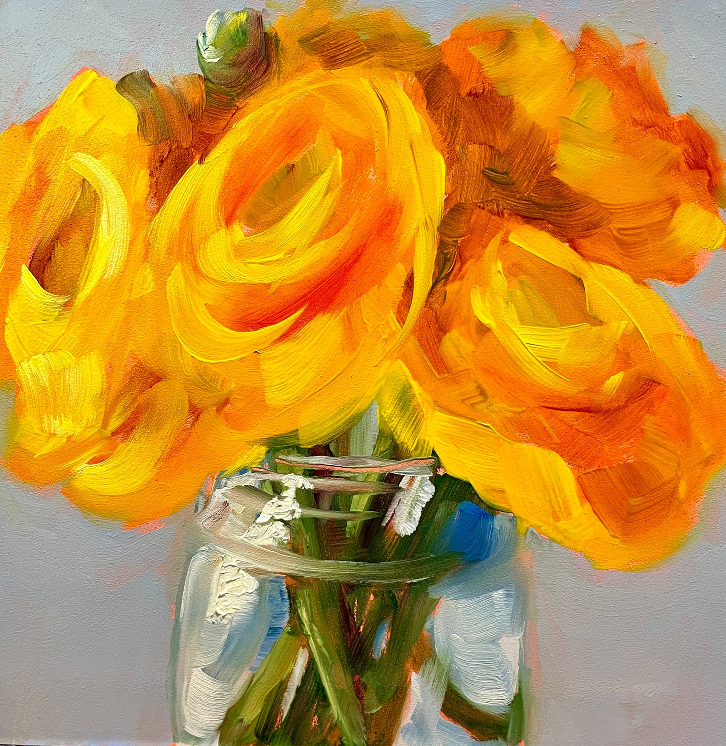 Yellow Ranunculus Floral Oil Painting, 6X6 inches, Unframed