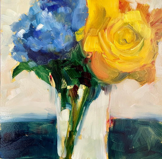 Yellow Rose and Blue Hydrangea Floral Oil Painting, 6x6 Square, Unframed
