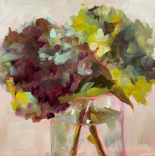 Maroon and Green Hydrangeas in Glass Vase, 8x8 Original Oil Painting, Unframed