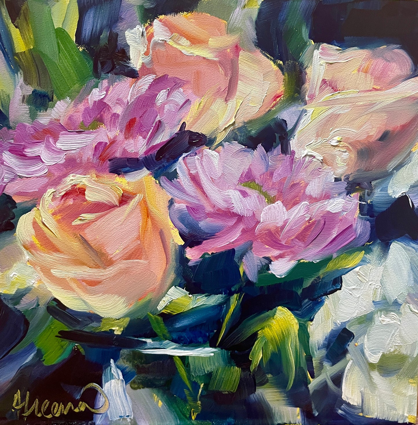 Peach Roses and Lavender Mums Floral Oil Painting, 6X6 inches, Unframed