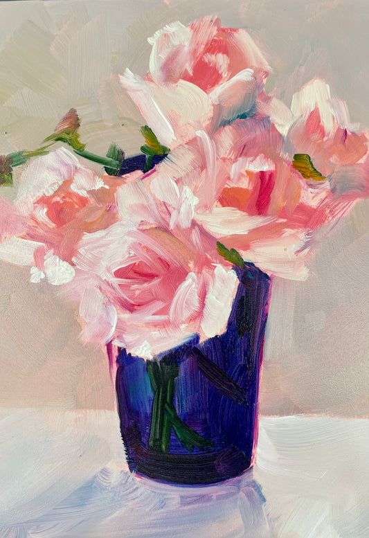 Pink Roses in Blue Glass Original Oil Painting, 5x7 inches, Unframed
