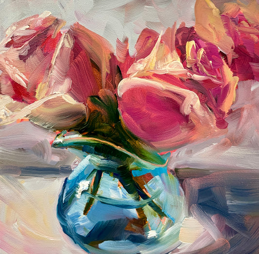 Pink Roses in Blue Glass Vase Floral Oil Painting, 5X5 Inches, Unframed