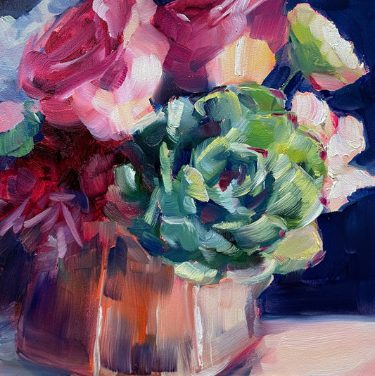 Pink Roses, Green Succulent Floral, 6X6 Square, Original Oil Painting