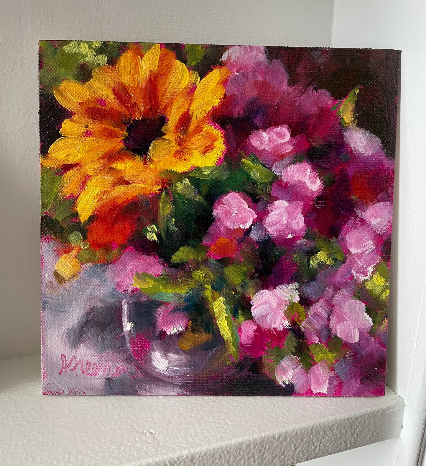 Sunflower and Purple Floral Painting, 6x6 Original Oil Painting, Unframed